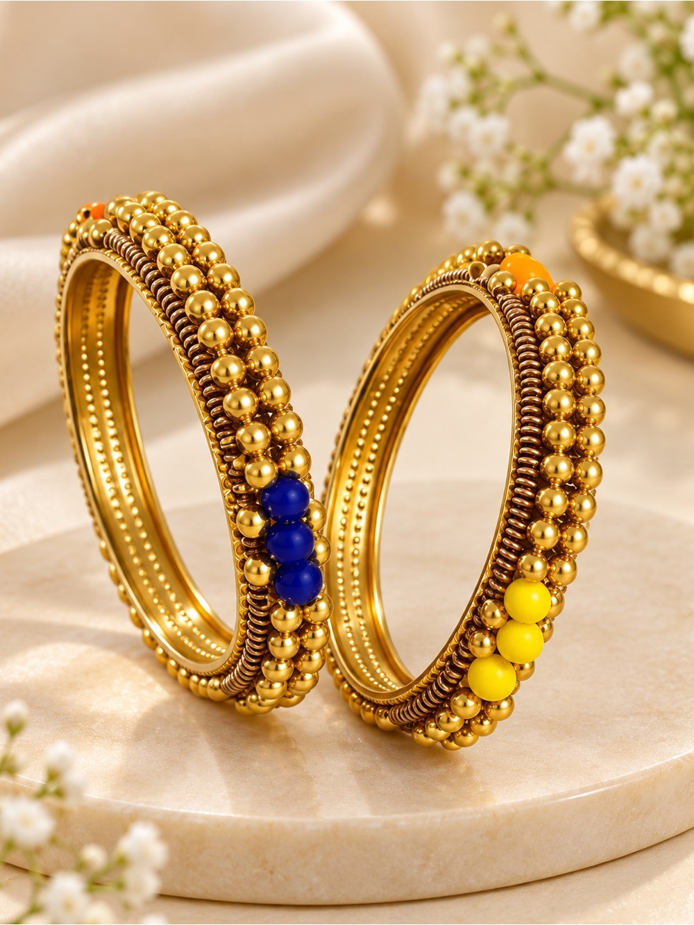 Gold Beaded Bangles with Blue & Yellow Accents - Women Jewelry